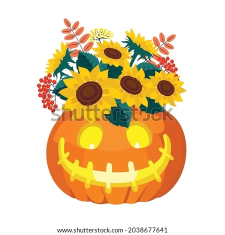 Halloween pumpkin with a sunflower bouquet. Vector clipart, white background.