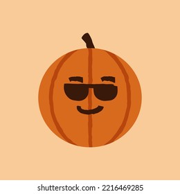 Calabaza De Halloween Con Emoticon De Gafas De Sol, Atrida Attitude Cute Orange Face Emote, Octubre Vacaciones Jack O Lantern Vector Aislado.
