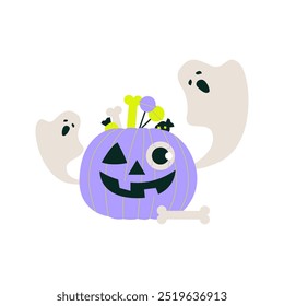 Halloween pumpkin surrounded by ghosts and bones, symbolizing spooky decorations, Halloween celebration, and festive fun, in a flat vector style, isolated on white background.