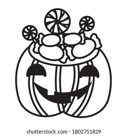 halloween pumpkin with sweet candies line style icon vector illustration design