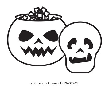 halloween pumpkin with sweet candies and skull vector illustration design