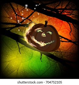 Halloween. Pumpkin sweet fire. The lantern on the tree. Flames with fire against the background of the night. Illustration for your design.