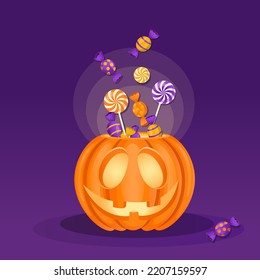 Halloween pumpkin with sweets and candies