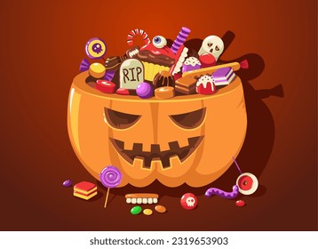 Calabaza de Halloween con dulces. Caricatura adorable canasta de miedo llena de truco infantil o de golosinas para la celebración del festival de octubre. Ilustración vectorial. Contenedor espeluznante con bastón de caramelo, globo ocular de chocolate