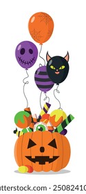 Halloween pumpkin with sweets and colorful helium balloons. Holiday and theme party concept.