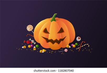 Halloween pumpkin and sweets on a dark background. Carved squash holiday decoration with confetti and candy around. - Vector
