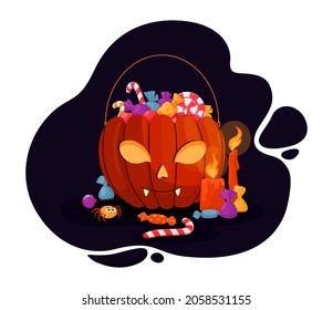 
Halloween pumpkin with sweets. Vector illustration isolated on white background. Burning candles and eyes inside the pumpkin. Vampire smile. Sweets, lollipops in a container. Dark blue background.