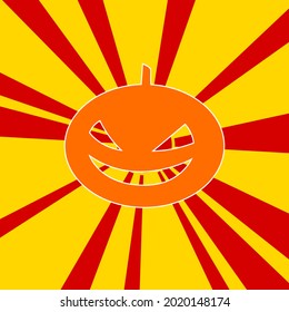 Halloween pumpkin symbol on a background of red flash explosion radial lines. A large orange symbol is located in the center of the sunrise. Vector illustration on yellow background