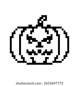 Halloween Pumpkin templates in pixel art style. Black spooky face silhouette. Jack-o'-lantern, festive, labels. Isolated on white background.