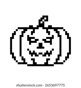 Halloween Pumpkin templates in pixel art style. Black spooky face silhouette. Jack-o'-lantern, festive, labels. Isolated on white background.