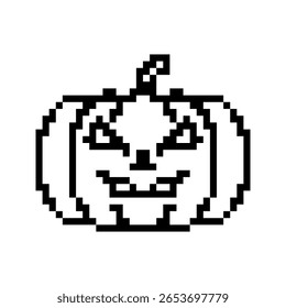 Halloween Pumpkin templates in pixel art style. Black spooky face silhouette. Jack-o'-lantern, festive, labels. Isolated on white background.