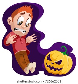 Halloween pumpkin with a terrible smile. Man shocked. Happy Halloween! Cartoon styled vector illustration. On dark  background. Elements is grouped. No transparent objects.