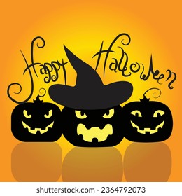 Halloween Pumpkin and text vector design with black color isolated on light orange background