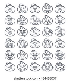 Halloween pumpkin thin line emoji emoticons set. Linear smiley face holiday symbol flat vector icons. Facial emotions and expressions. Cute character mood and reactions for text chat or web messenger