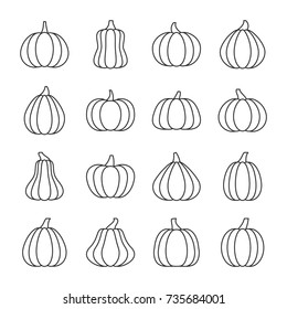 Halloween Pumpkin thin line icon set. Flat design vector linear symbol pack. Outline sign without fill. Editable stroke. Web, print, card, banner concept. Sign isolated on white. Vector illustration