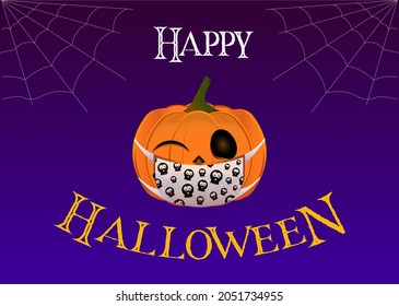 
Halloween. Pumpkin in times of COVID-19. Pumpkin protected with mask. Mask with skull pattern