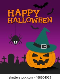 Halloween Pumpkin with tombstone, bats and spider for halloween card design