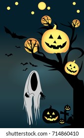 Halloween - Pumpkin and tree background - illustration