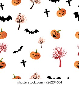 Halloween pumpkin with tree cross and bat theme vector pattern