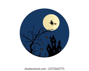 Halloween Pumpkin Tree Hunted House Riding Broom Vector