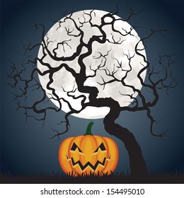 Halloween pumpkin and tree at night