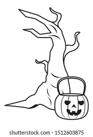 halloween pumpkin with tree plant vector illustration design