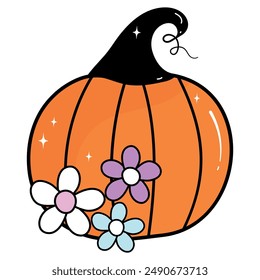 Halloween Pumpkin in trendy Groovy Cartoon Retro style. Cute Hand Drawn Pumpkin with Daisy. Funny 60s-70s-80s-90s style. Isolated Vector illustration.