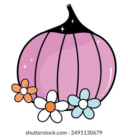 Halloween Pumpkin in trendy Groovy Retro  Cartoon style. Cute Hand Drawn Pumpkin with Daisy. Funny 60s-70s-80s-90s style. Isolated Vector illustration.