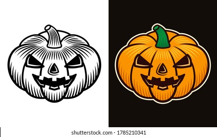 Calabaza de Halloween dos estilos negro sobre blanco y colorido sobre ilustración vectorial de fondo oscuro