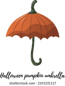 Halloween pumpkin umbrella. Halloween patry decor, orange and green halloween element for kid party. Isolated vector illustration for poster, banner, cover, menu, advertising.