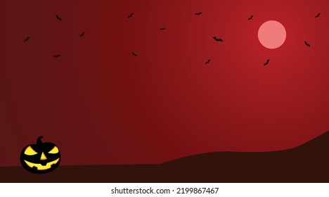 halloween pumpkin under the moon with bats flying on red gradient background, halloween poster, card