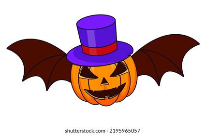 Halloween Pumpkin Vampire isolated on white background. The main symbol of the Happy Halloween holiday. Orange spooky pumpkin with scary smile holiday Halloween. Vector illustration.