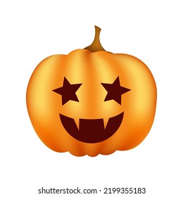 Calabaza de Halloween con dientes de vampiro y ojos de estrella, ilustración vectorial sobre fondo blanco.