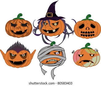 halloween pumpkin (Vampire and Witch and Mummy and Frankenstein and pumpkin and skull)