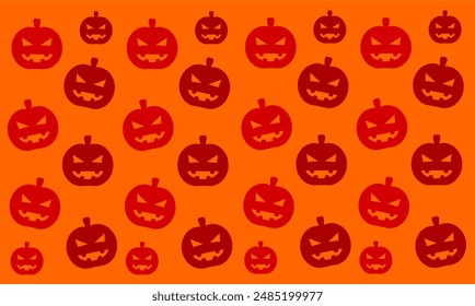 Halloween pumpkin with various red smiling spooky pumpkins on orange background. Halloween seamless pattern for printing, wrapping paper, textile, walldecor