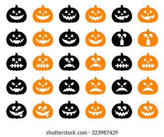 Halloween pumpkin vector 30 icons set, Emotion Variation. Simple flat style design elements. Set of silhouette spooky horror images of pumpkins. Scary Jack-o-lantern facial expressions Illustration. 