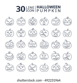 Halloween pumpkin vector 30 icons set, Emotion Variation. Line design elements. Set of silhouette spooky horror images of pumpkins