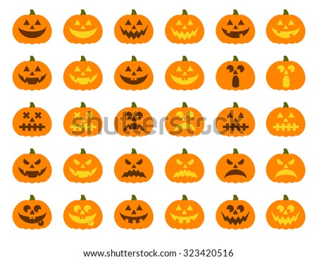 Halloween pumpkin vector 30 icons set, Emotion Variation. Simple flat style design elements. Set of silhouette spooky horror images of pumpkins. Scary Jack-o-lantern facial expressions Illustration. 