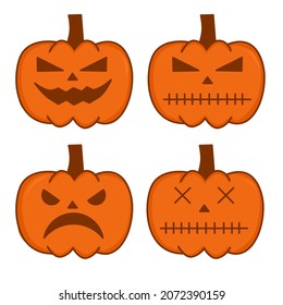 Halloween pumpkin vector 4 icons set, Emotion Variation. Simple flat style design elements. Set of silhouette spooky horror images of pumpkins. Scary Jack-o-lantern facial expressions Illustration.