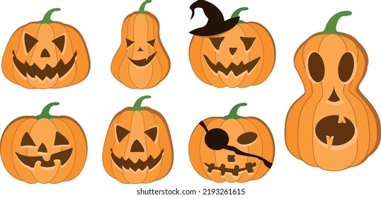 Halloween pumpkin vector 7 icons set, Emotion Variation. Simple flat style design elements. Set of silhouette spooky horror images of pumpkins. Scary Jack-o-lantern facial expressions Illustration