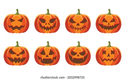 Halloween pumpkin vector 8 icons set, variation of emotions. Simple flat style design elements. Set of silhouette creepy horror pumpkin images. Scary jack-o-lantern facial expressions illustration.