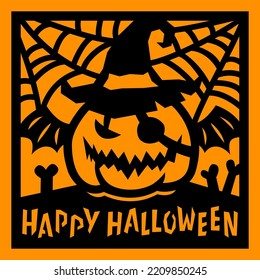 Halloween Kürbis-Vektorkarte. Holiday-Papierschnitt-Vorlage. Alles Gute zum halloween. Für Papier- oder Laserschneiden und Sublimierung, Einladung, Flyer, Geschenk.