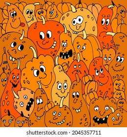 Halloween pumpkin vector collage. Characters with faces, eyes, mouths and teeth and in different moods and shapes. A fun image for your doodle style design. 