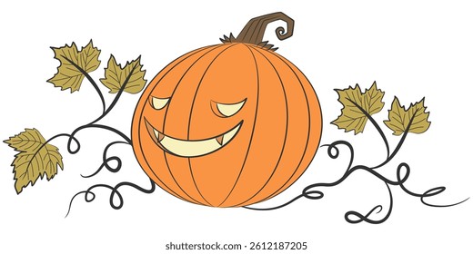 Halloween Pumpkin Vector with Creepy Face and Vine Decoration
