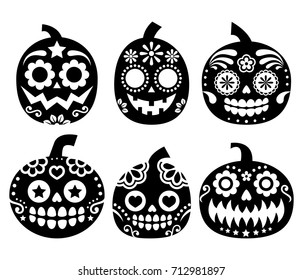 Halloween pumpkin vector desgin - Mexican sugar skull style, Dia de los Muertos decoration
