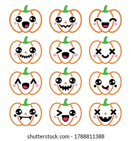 Halloween pumpkin vector design - cute Kawaii character with happy, angry, scary face. 
Celebrating Halloween - funny Japanese kiddy faces on orange pumpkins 
 