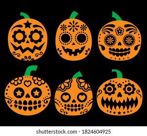 Halloween pumpkin vector design - Mexican sugar skull style, Dia de los Muertos orange decoration on black background. Decorated pumpkins set, inspired by traditional candy skulls from Mexico

