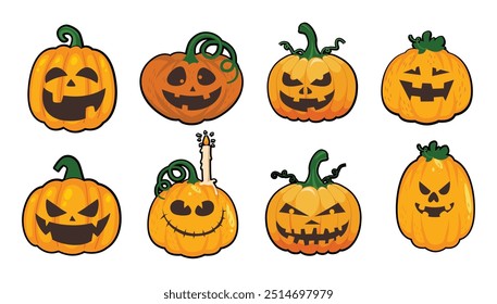 Halloween pumpkin vector with face. October Holiday Symbols Scary, smiling, cheerful carved pumpkin heads.
Autumn decoration. Set of vector illustrations isolated on white background.