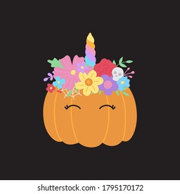 Halloween Pumpkin Vector Hand Drawn Illustration. Cute Orange Carved Unicorn Pumpkin With Flowers And Leaves On Top, Flower Headband. Isolated.