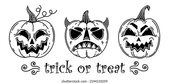 Halloween pumpkin vector icon set. Jack lantern isolated on white. Funny, evil, smiling face on a pumpkin. Trick or treat, autumn holiday symbol. Vegetable sketch for T-shirt design, posters, cards